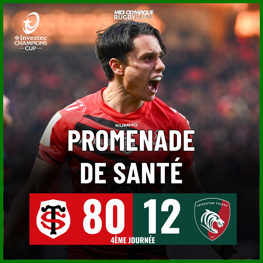 RugbyramaFR's tweet photo. Le Stade toulousain s'est largement baladé à la maison face aux Leicester Tigers. Les hommes d'Ugo Mola n'ont pas eu de mal a dominé les coéquipiers d'Handre Pollard.

Le résumé du match 👉 https://t.co/nDHQixWskf https://t.co/xKazCoJpT8