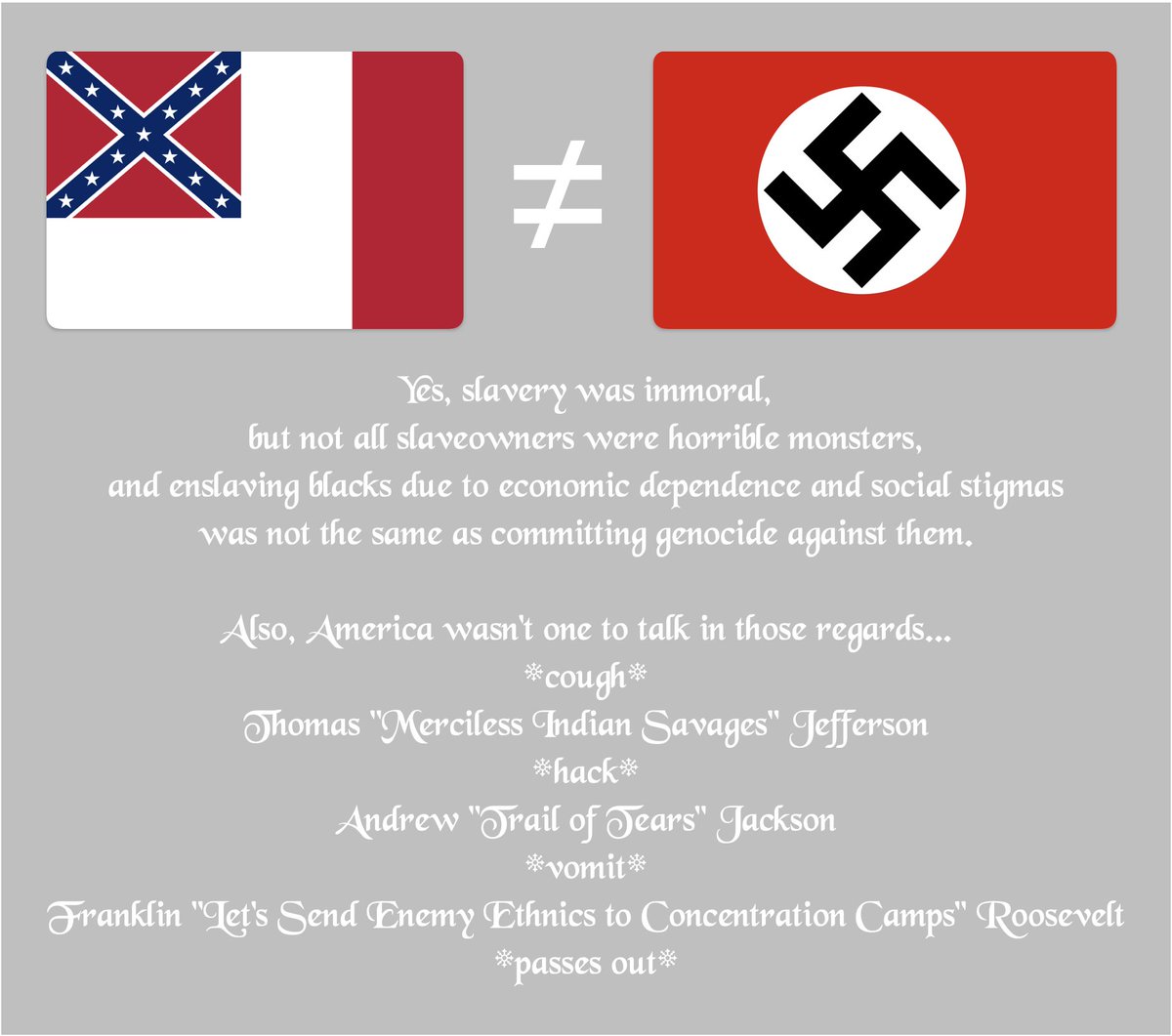 gremy84's tweet photo. I know Godwin’s Law is regularly invoked regarding the Confederacy, so here’s my answer to that. I think the main reason the shit at the bottom never comes up is because the diehard patriots are the biggest defenders of the Confederacy, and the Woke Nazis are the other extreme. https://t.co/8BwcQeZT83