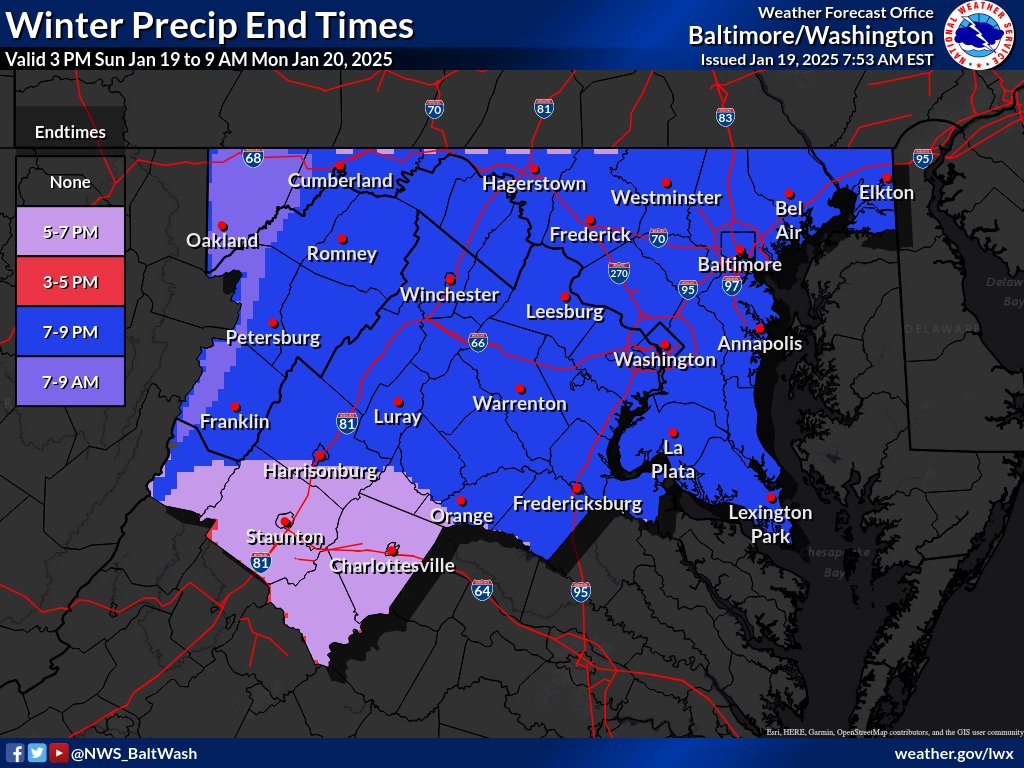 Snow continues to move into areas along and west of I-81 this morning with pockets of drizzle/sleet east toward I-95. 

Precip will gradually overspread areas east of US-15 through Noon before transitioning to snow. 

Heaviest snow between 1-5 pm. More at weather.gov/lwx/winter.