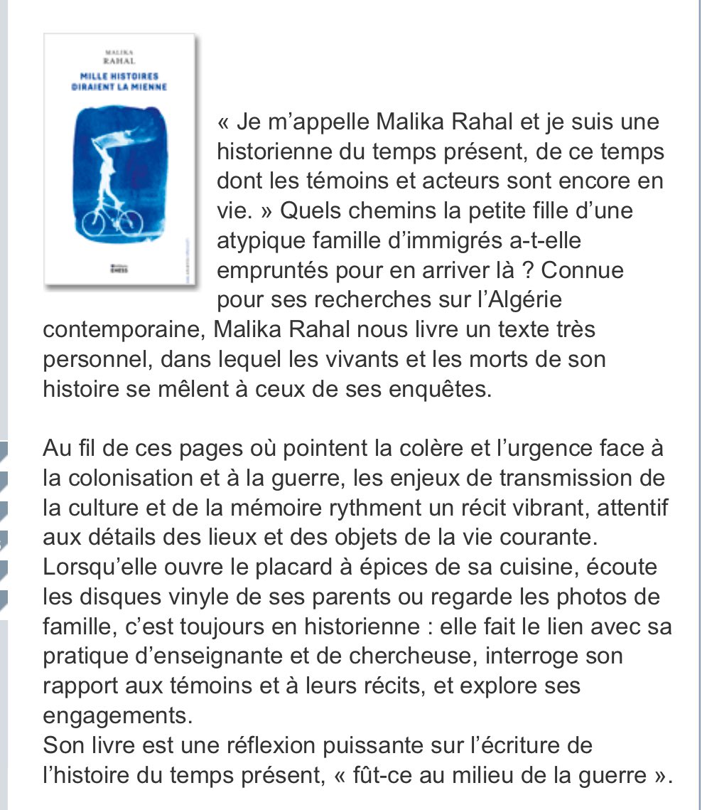A paraître en février <a href="/EHESS_fr/">EHESS</a> 

Mille histoires diraient la mienne - Malika Rahal 
<a href="/IHTP_CNRS/">IHTP_CNRS</a>