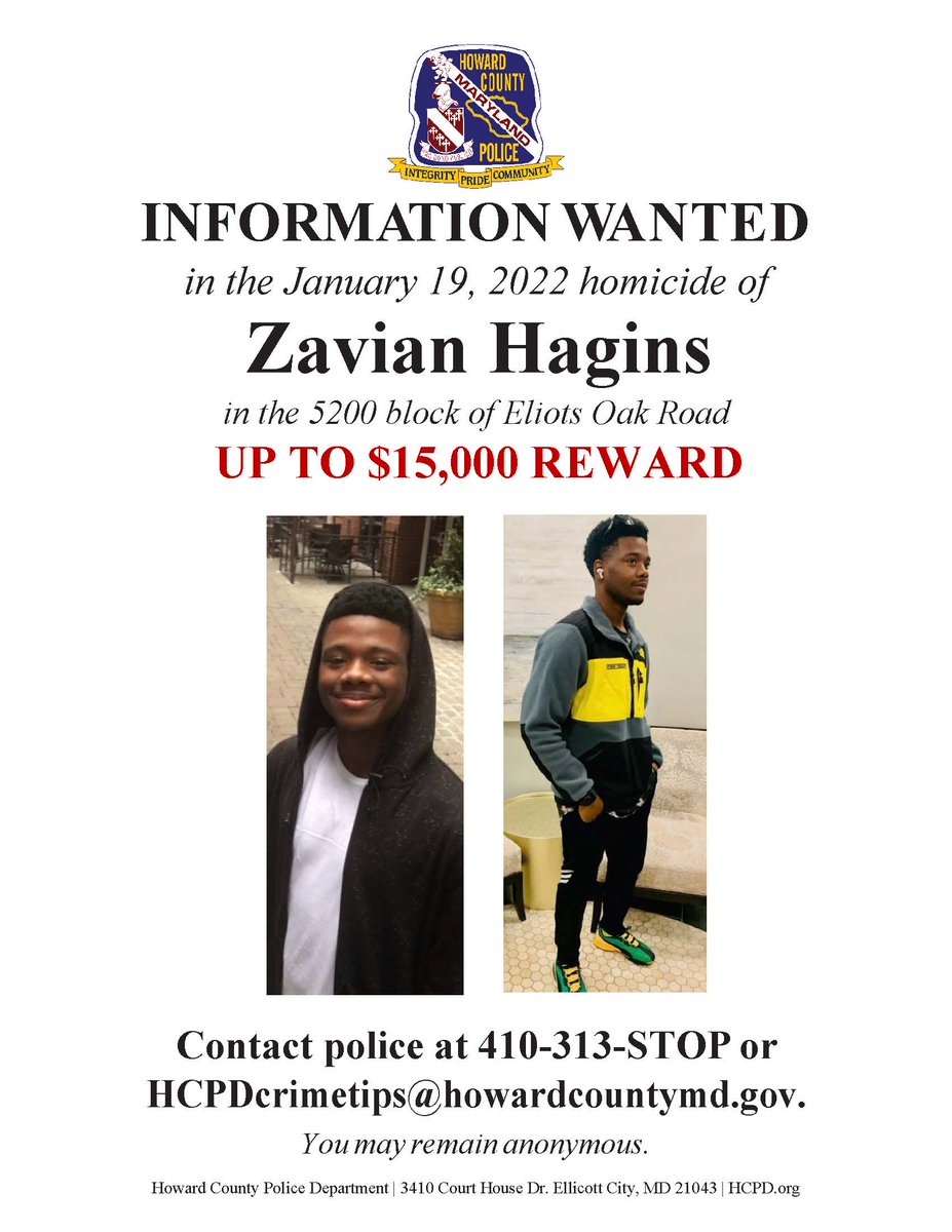 HCPDNews's tweet photo. #HoCoPolice have increased the reward to up to $15,000 in the fatal shooting of Zavian Hagins three years ago today in Columbia. Detectives do not believe it was random and are still seeking information on the suspect(s). https://t.co/34lWLRY7it