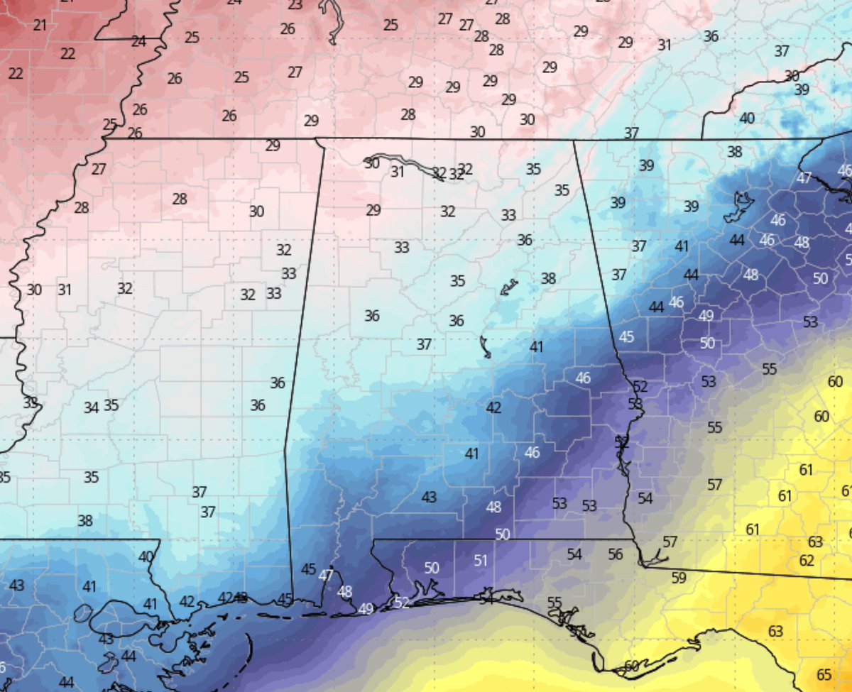 spann's tweet photo. TODAY: Temperatures are now below freezing north of I-59, and they will stay steady through the day, or even drop a little lower.

Snow flurries and snow showers over North Alabama will continue; where heavier snow showers develop there could be a few icy spots on roads.

Snow flurries and showers will end this evening as the sky clears; temperatures will drop into the 10-18 degree range over the northern half of the state tomorrow morning…. 20s are likely down to the Gulf Coast.