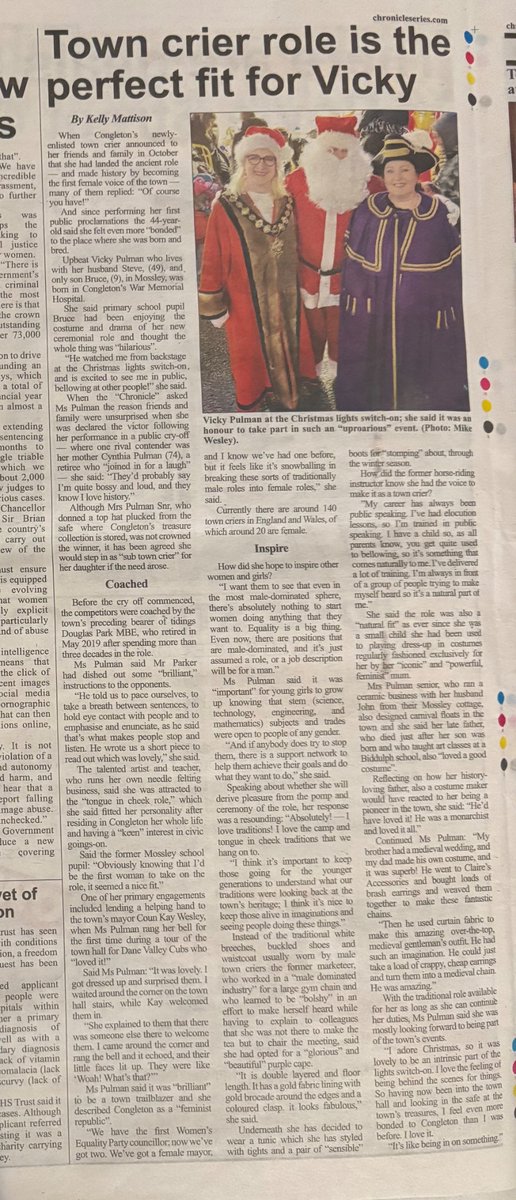 My article following a lovely interview with Vicky Pulman, Congleton’s first female town crier. 
Vicky said that she feels that Congleton is “snowballing in breaking traditions of typical male roles into female roles”.