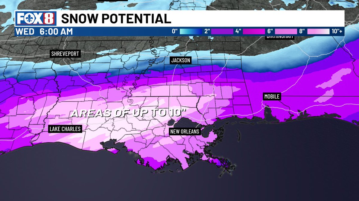 IT’S GOING TO SNOW - NOW IT COULD SNOW A LOT! A reasonable worst case scenario is being painted by some hi-res models. A widespread 4-6” along the length of I-10 with some snow banding pushing totals as high as 8-10” inland. Travel is impossible in this scenario. #lawx