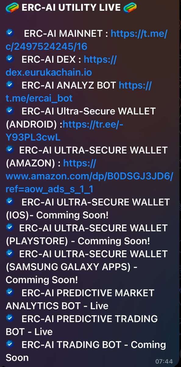 V0LCUM's tweet photo. GOLDEN OPPORTUNITY - @Eurukatechai_ 

🟢  SUB 1m MC … not for long
🟢  CEX listing planned this year
🟢  Has their own chain, DEX, dedicated trading + analytics bot, and AI wallet on Amazon, Android, … coming soon to Play Store and IOS. 
🟢  100m total supply 

Hop on the train before it takes off 🛤️

***UNISWAP:  $ERC-AI/WETH***

#ERCAI