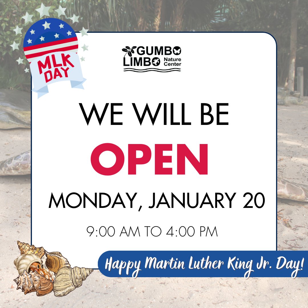Gumbo Limbo Nature Center will be OPEN all day (9:00am to 4:00pm) on Monday, January 20. Stop by at 12:30pm for our daily fish feeding presentation at the Mangrove Aquarium. Happy Martin Luther King Jr. Day! 

#LoveGumboLimbo #BocaRec