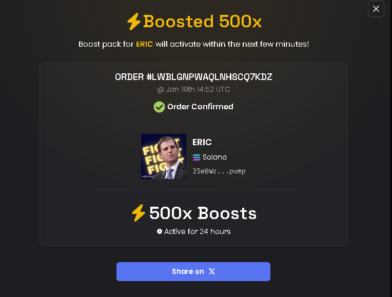 AGAIN BOOSTED 500X $ERIC
CA: 25eBWzm3mpqrPbeRmnu8rE37CYapU27imhitXTA2pump