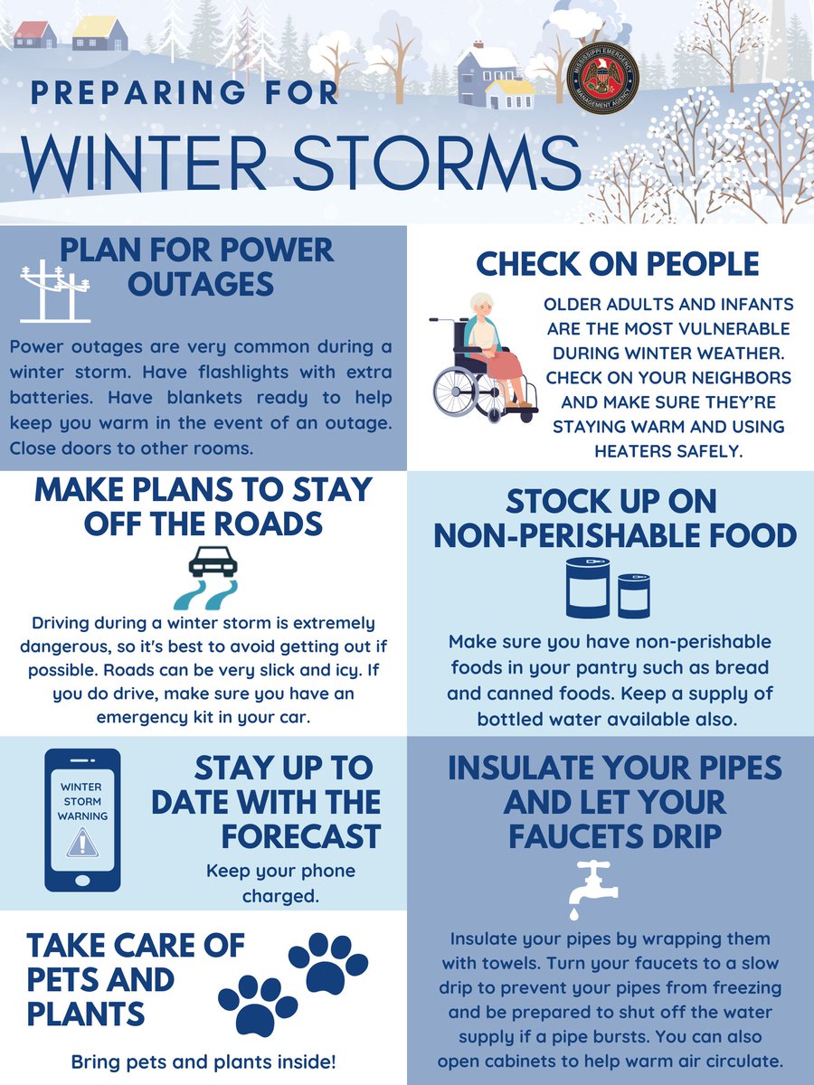 MSEMA's tweet image. The National Weather Service has forecasted widespread snowfall throughout the state beginning in the early hours of Tuesday (1/21/25) morning. Here are some tips on how you and your family can prepare: 

🌨Monitor the weather
🏘Check on your family, friends and neighbors…