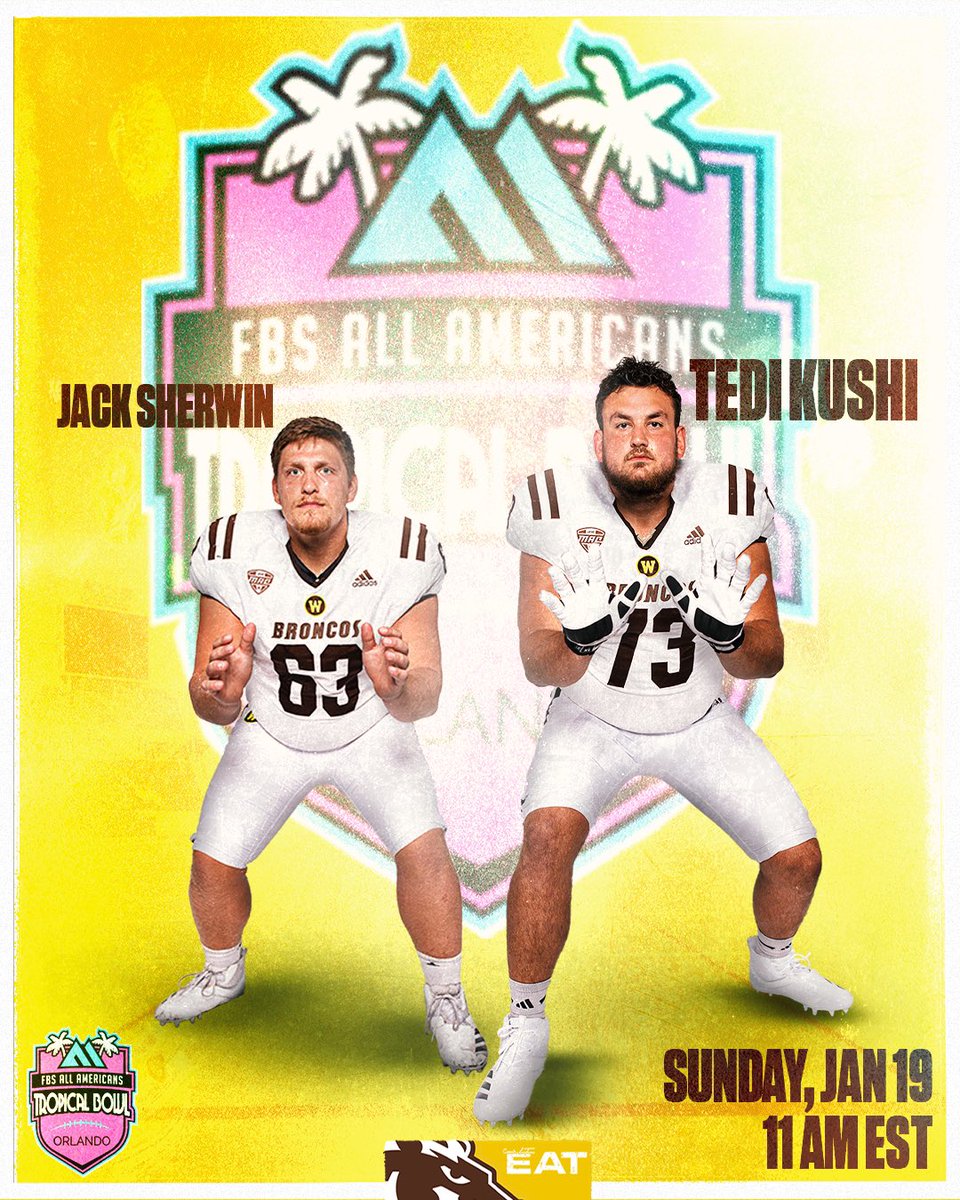 Western Michigan Football (@wmu_football) on Twitter photo Good luck to our guys Jack Sherwin & Tedi Kushi in the 2025 Tropical Bowl Today! 🐎
#EAT #BroncosReign Good luck to our guys Jack Sherwin & Tedi Kushi in the 2025 Tropical Bowl Today! 🐎
#EAT #BroncosReign