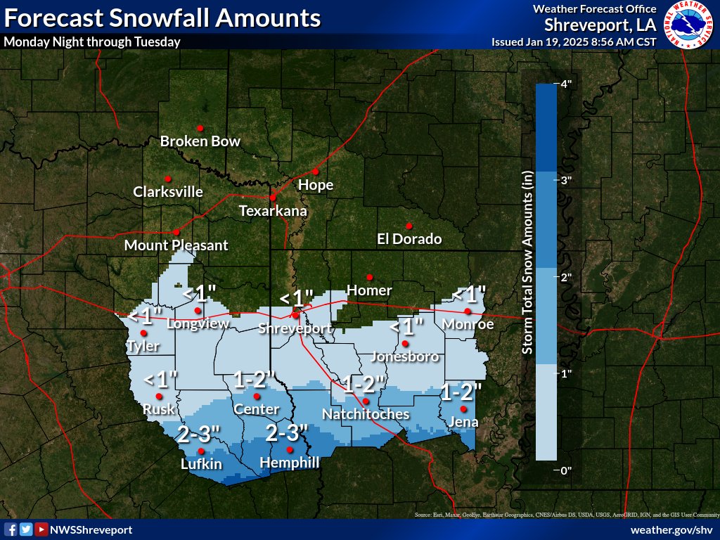 NWSShreveport's tweet photo. A significant winter weather event is forecast to bring widespread snow across much of east Texas and north Louisiana Monday night into Tuesday. Additionally, a Cold Weather Advisory is in effect for the entire area for tonight. https://t.co/4GwM2HTPKU