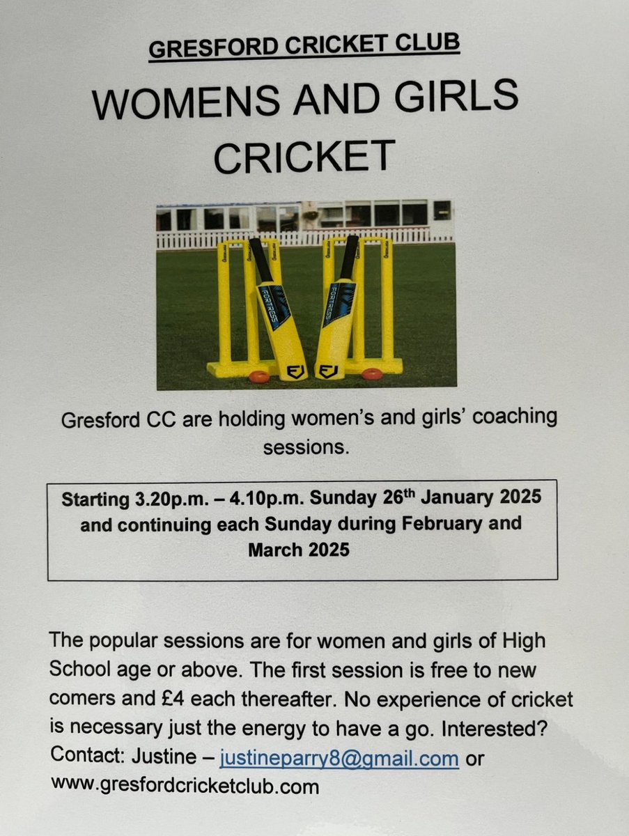 Gresford Cricket (@gresfordcricket) on Twitter photo Please see picture below about Women and Girls cricket sessions starting Sunday 26th January at <a href="/darlandhigh/">Darland High School</a> Please see picture below about Women and Girls cricket sessions starting Sunday 26th January at <a href="/darlandhigh/">Darland High School</a>