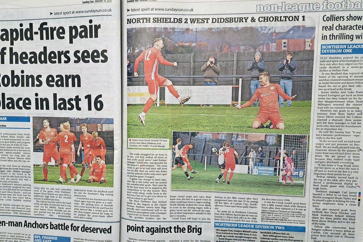 Charles Waugh (@charles_waugh) on Twitter photo Delighted to be covering the <a href="/NorthShieldsFC/">North Shields FC</a> FA Vase game for the papers.
<a href="/NorthShieldsFC/">North Shields FC</a> 2-1 West Didsbury & Chorlton.
<a href="/lewissuddick/">Lewis Suddick</a> headed the winner to get to the last 16 of the FA Vase. <a href="/NonLeagueCrowd/">Non League Crowds</a> <a href="/NonLeaguePhoto/">Non League Photographers</a> <a href="/NENonLeagueShow/">North East Non-League Football Show</a> <a href="/MarkCarruthers_/">Mark Carruthers</a> Delighted to be covering the <a href="/NorthShieldsFC/">North Shields FC</a> FA Vase game for the papers.
<a href="/NorthShieldsFC/">North Shields FC</a> 2-1 West Didsbury & Chorlton.
<a href="/lewissuddick/">Lewis Suddick</a> headed the winner to get to the last 16 of the FA Vase. <a href="/NonLeagueCrowd/">Non League Crowds</a> <a href="/NonLeaguePhoto/">Non League Photographers</a> <a href="/NENonLeagueShow/">North East Non-League Football Show</a> <a href="/MarkCarruthers_/">Mark Carruthers</a>