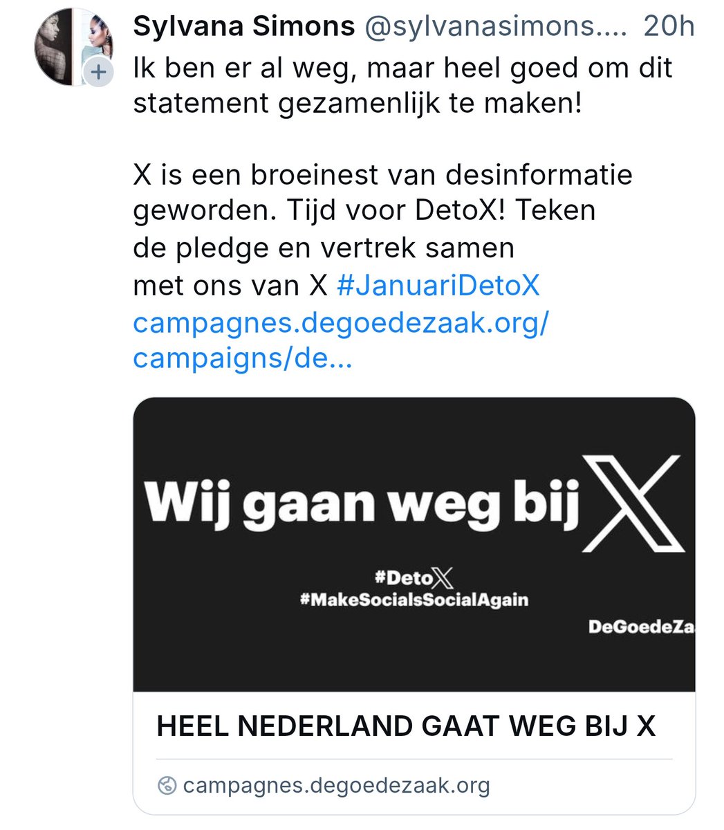Met veel geschreeuw en lawaai kondigt de linkse meute aan van X af te gaan, zoals de politici van Volt, Sylvana Simons, Esther Ouwehand enz. ALLE accounts van genoemde politici zijn nog steeds actief op X. Voeg   de daad bij het woord en verdwijn van X, Sylvana! #buitenhof