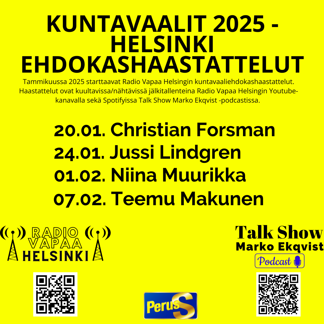 RadioVapaa's tweet photo. Tammikuussa 2025 starttaavat Radio Vapaa Helsingin kuntavaaliehdokashaastattelut. Haastattelut ovat kuultavissa/nähtävissä jälkitallenteina Radio Vapaa Helsingin Youtube-kanavalla sekä Spotifyissa Talk Show Marko Ekqvist -podcastissa. #vaalit2025 #pshelsinki #ehdokashaastattelut https://t.co/Uzp1kQh4lc