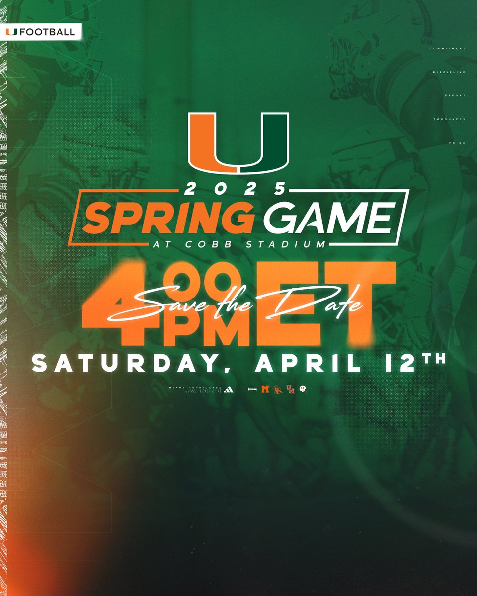 Our Spring Game is BACK on campus in 2025! Can’t wait to see you there🙌

🗓️ April 12th
🕰️ 4pm ET
📍 Cobb Stadium

More information to come

#GoCanes