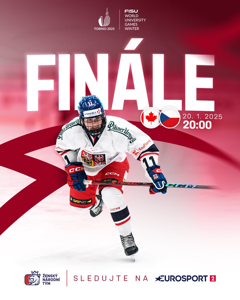 narodnitymzen's tweet photo. Univerziáda a finále s účastí českých lvic! 💯

České hokejistky svedou v Turíně souboj o zlatou medaili s 🇨🇦 javorovými listy! Fanděte v pondělí ve 20:00 na Eurosport 2. 📺

#narodnitymzen #WSG2025 #Torino2025 #CzechUniversitySport https://t.co/qbDWAztnb7
