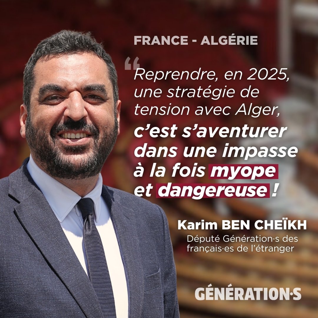 GenerationsMvt's tweet photo. 🇫🇷🇩🇿 « Reprendre, en 2025, une stratégie de la tension avec Alger, c’est s’aventurer dans une impasse à la fois myope et dangereuse. »

➡️ Retrouvez la tribune de @K_BenCheikh dans @lopinion_fr : https://t.co/zpyEMctDLM https://t.co/vzfDrtpoRs
