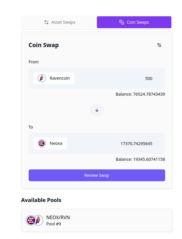 Coin-only swaps have been successfully tested and are fully operational. We're excited to announce that this feature is set to go live tomorrow! The Neoxa Asset Portal was meticulously designed from the ground up to focus exclusively on assets. Significant effort has been