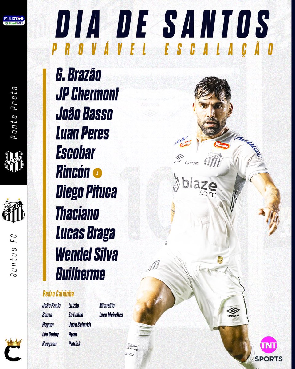 ComandoSantista's tweet photo. DIA DE SANTOS!
A provável escalação:
Gabriel Brazão, JP Chermont, João Basso, Luan Peres, Escobar; Rincón, Diego Pituca, Thaciano; Lucas Braga, Wendel Silva e Guilherme.
Anote aí as informações:
🏟️ Moisés Lucarelli
⏰ 20h30
📺 TNT Sports, MAX
#VamosSantos https://t.co/bPs2EgFhIk