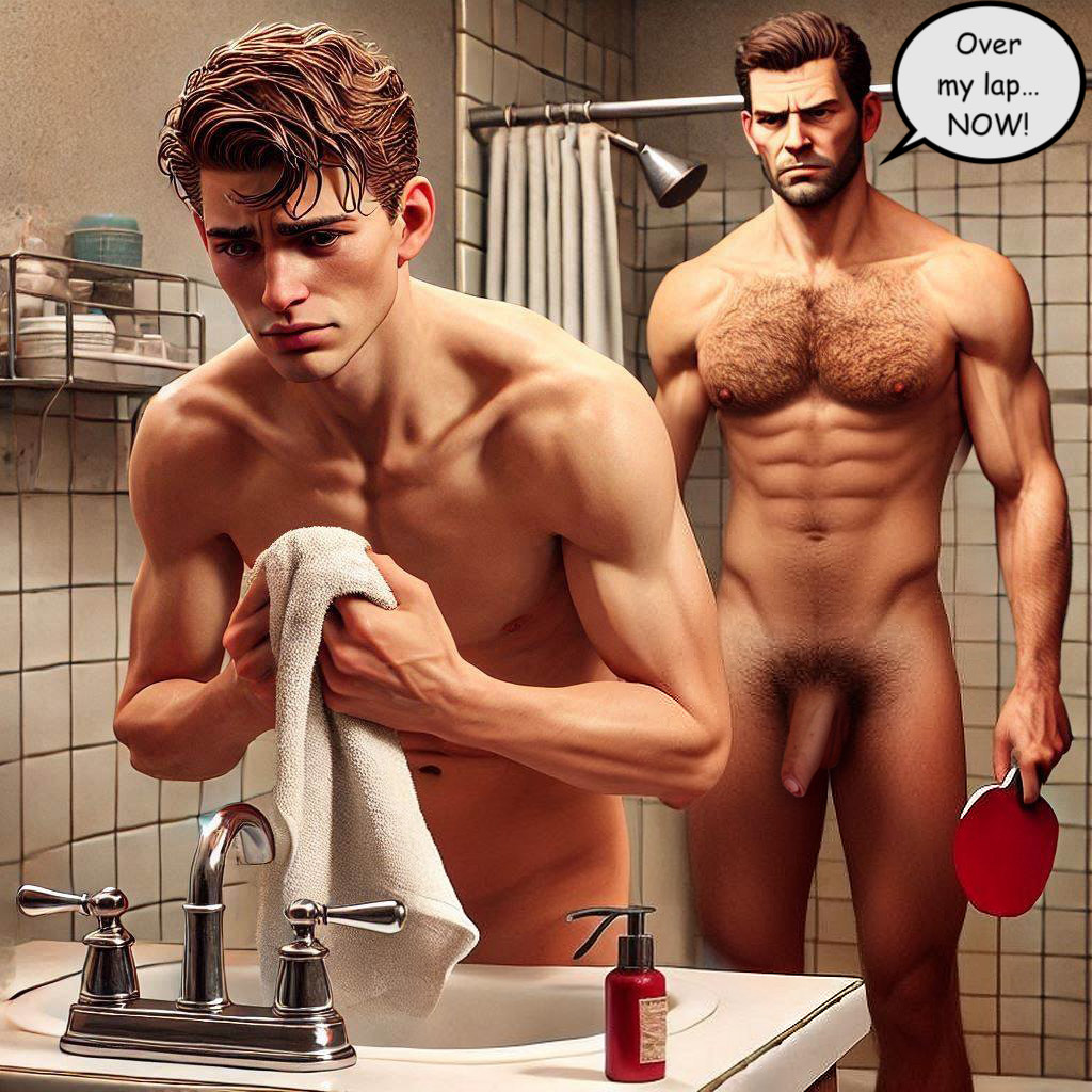 Is there anything more embarrassing than going over Dad's lap for a bare bottom spanking when both of you are naked?
Created in collaboration with <a href="/spank_gay/">GaySpankArt 🔞➡️Camp Redtails 2026</a> 
#mmspanking #dad #son #paddling