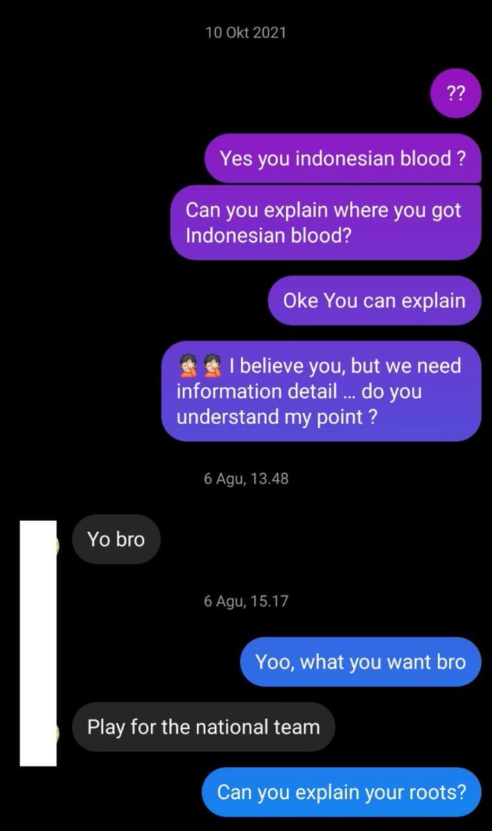 Untuk edukasi teman2 yang fokus pemberitaan pemain keturunan.

Contoh mereka reach out ke kita mengaku keturunan indonesia beberapa tahun lalu. 

Ketika diminta menjelaskan roots mereka kebingungan dan akhirnya menarik pesan.

Beberapa tahun kemudian kembali menghubungi.

#FT