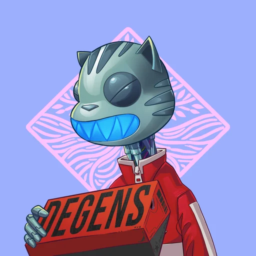 Degen #1265 is a walking paradox—part metallic feline, all attitude. Its sharp blue grin and red-and-white jacket scream confidence, blending retro flair with futuristic edge.

With a box of coveted sneakers in hand, it turns heads and sets trends. Cool isn’t limited to flesh or