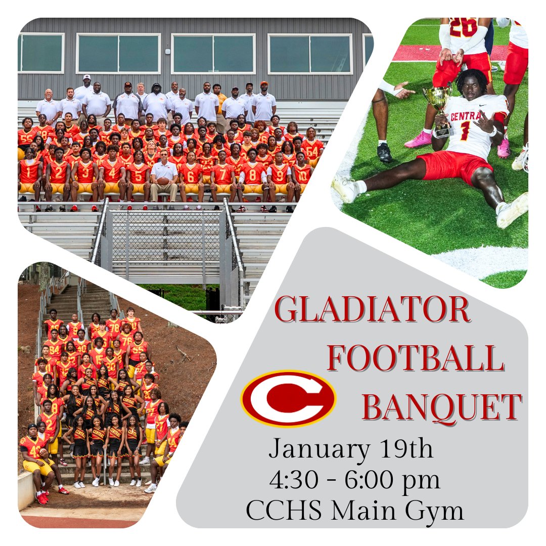 Gladiator Football Banquet Today, January 19th4:30 to 6:00 pm! 🏈
📅 Date: Sunday January 19th
🕓 Time: 4:30 PM - 6:00 PM
📍 Location: Clarke Central Main Gym
All players, families, and football staff are encouraged to come together to celebrate the amazing season we've had!