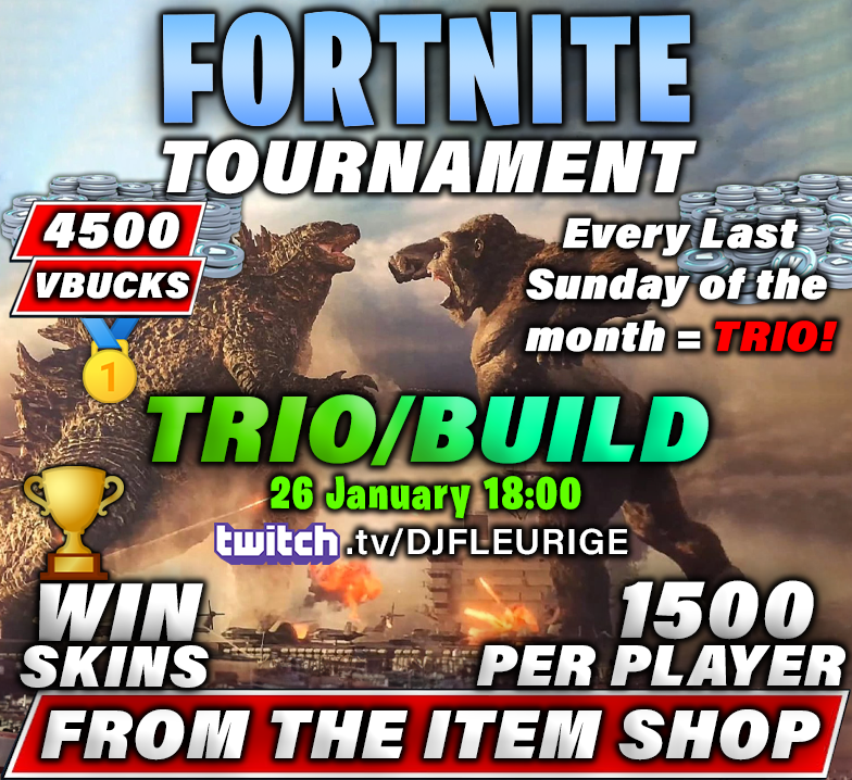 DJFLEURIGE's tweet photo. 4500 VBUCKS TRIO BUILD CUP 26 JANUARY 2025 Date: 26 January 2025
Time: 18:00 in the evening
Mode: Battle Royale / Trio
Prize: 4500 VBucks (1500 VBucks p.p.)

Follow TikTok, Twitch and Join the Discord server to enter this cup #vbucks #fortnite #triocup #cup #tournament #giveaway https://t.co/HkqoYsYWC8
