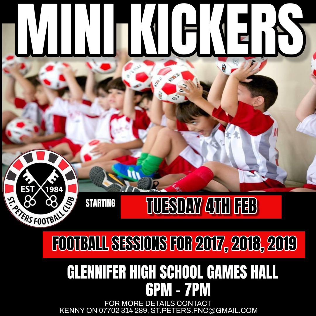 🔴Exciting News⚫️

Our mini kickers is ready to relaunch starting Tuesday the 4th of February, we are open for all kids born in 2017, 2018 &amp; 2019.

We will be training at Glennifer High School inside the games hall, all coaches are PVG vetted and fully qualified.