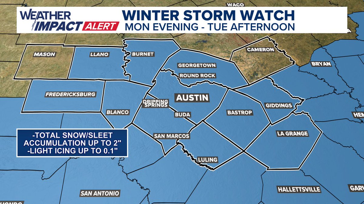 A Winter Storm Watch has been issued for the KVUE area for Monday evening through Tuesday afternoon. Total snow &amp; sleet accumulations up to 2" with locally higher amounts. Light icing from freezing rain will also be possible up to 0.1".