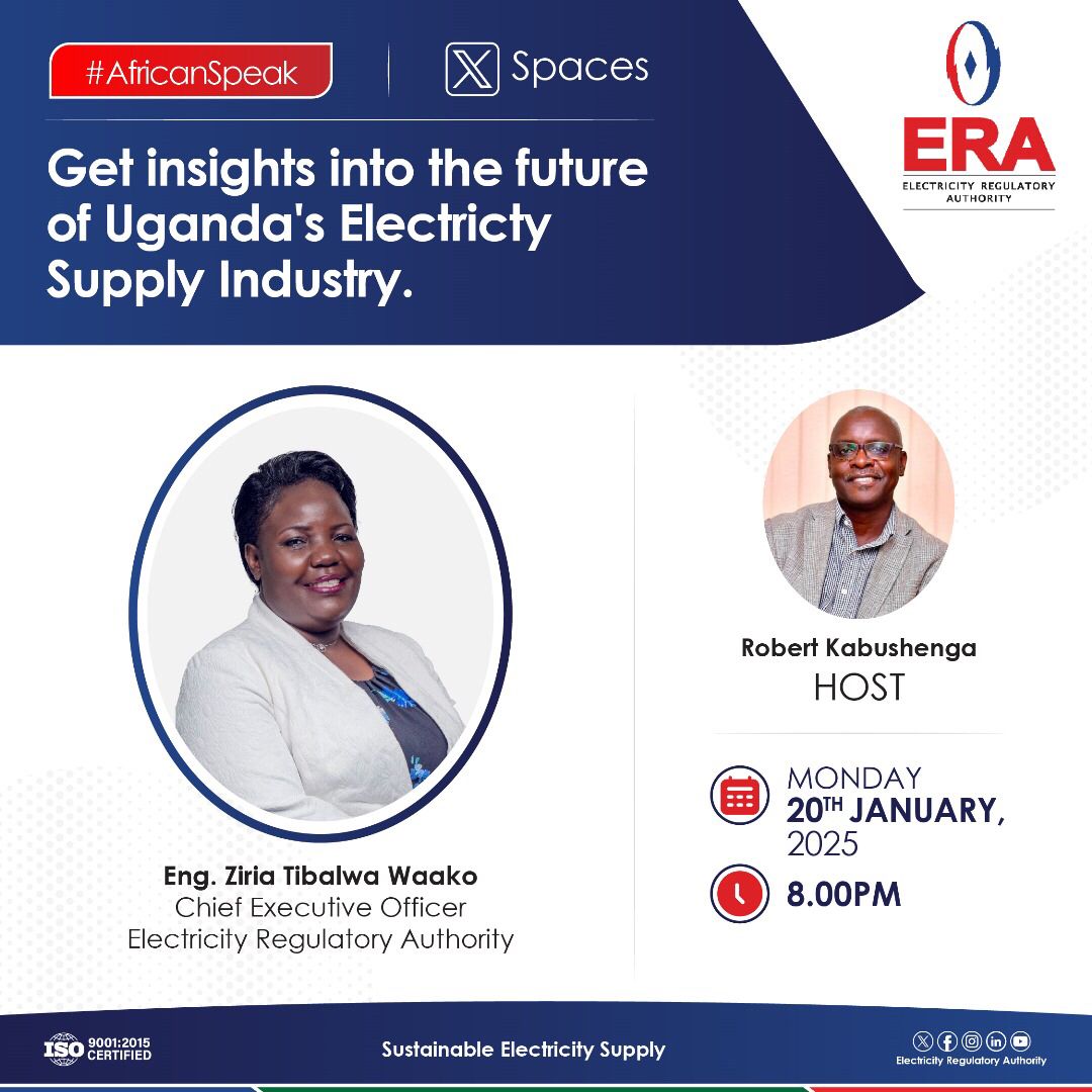 Tomorrow at 8pm , I will be live on X Spaces hosted by <a href="/rkabushenga/">Snr. Cde. Robert Kabushenga</a> . I will be sharing insights on the future of Uganda's Electricity Sector following  Umeme's exit among other developments . 
Take note of the date and time !!
<a href="/JuliusWandera12/">Julius Wandera</a> <a href="/D_Naisuna/">Dayana NN</a> <a href="/ElizabethKiisa/">@Aminah_Namuddu</a>