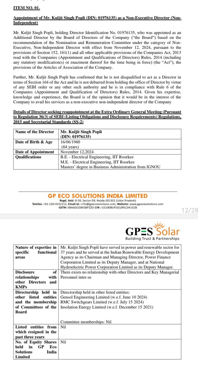 InvestisArt's tweet photo. GPES announces EGM on Feb 10. New directors joining appear to have great educational and field experience👌
Further increasing the borrowing limit to 1,000 cr(indication of preferential fund raise and need for capex)
Hoping bad phase ofmarket end soon & Gpeco do wonder in future. https://t.co/o36W5uhg7n