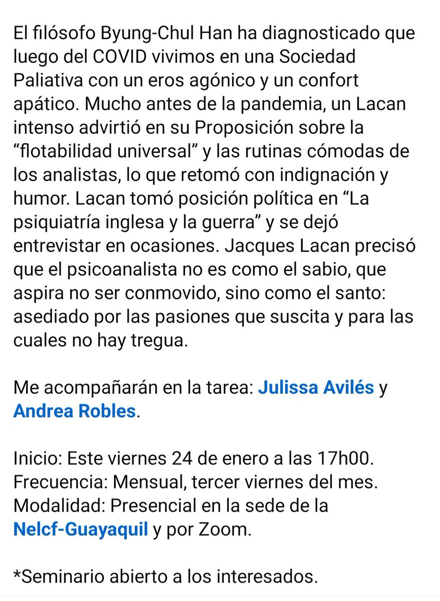 JessicaJaradeA1's tweet photo. Queridos amigos,
@jamplus indica que para nosotros no se trata de un "retorno a Lacan" y se pregunta si Lacan es siempre actual o definitivamente intempestivo.
Este año nos aplicaremos a leer a un Lacan intempestivo  y a extraer consecuencias políticas de actualidad. https://t.co/wDGj7WK4B8