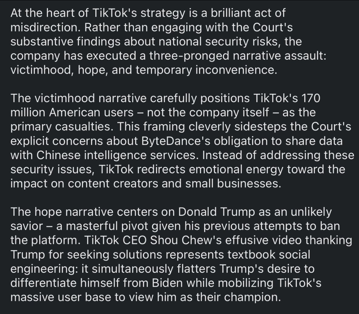 misfitpatriot_'s tweet photo. A buddy of mine in the intelligence community just sent me this, and it’s a good read. 

Stop being useful idiots for the CCP and wake up and realize your fuckin TikTok shop isn’t as important as our national security. https://t.co/0kKsYpmHRO