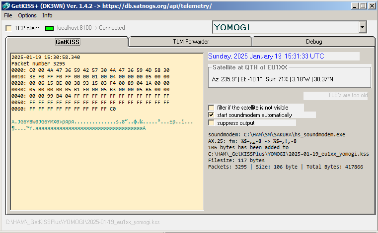 EU1SAT's tweet photo. YOMOGI GMSK RAW Telemetry
1 Frame I uploaded to @SatNOGS DB
https://t.co/E2bPkHemXA
@CitGardens #JS1YMX #CubeSat https://t.co/yhIr5gYR0P