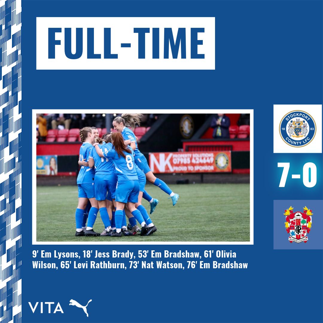 𝑭𝒖𝒍𝒍-𝒕𝒊𝒎𝒆 ⏹️

It’s all over, County’s 7️⃣ goals this afternoon see us progress to the Cheshire FA Women’s Cup Semi-finals!

Big credit to Tranmere Rovers who kept battling right until the very end - best of luck for the rest of the season 🤝

#StockportCounty