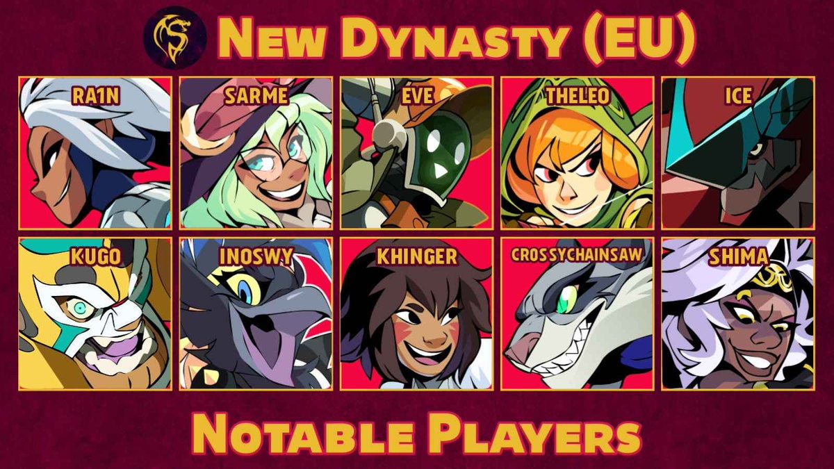 👑𝐍𝐞𝐰 𝐃𝐲𝐧𝐚𝐬𝐭𝐲 (𝐄𝐔) 𝐍𝐨𝐭𝐚𝐛𝐥𝐞 𝐏𝐥𝐚𝐲𝐞𝐫𝐬👑
Our Tournament has begun! Check out some of our Notable Players that are participating!

Top 8 Stream Starting Soon
Stream link: twitch.tv/spirit_realm_
#Brawlhalla #bhesports #tournaments
