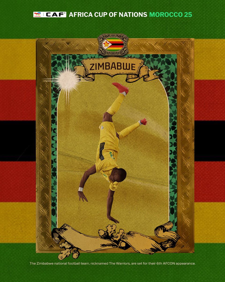 CAF_Online's tweet photo. #AFCON2025 Participants - 🇿🇼 𝗭𝗶𝗺𝗯𝗮𝗯𝘄𝗲 🇿🇼 

Number of participations: 6️⃣
Best rank: Group stage.

#TotalEnergiesAFCON2025 https://t.co/ardsYRzPaj
