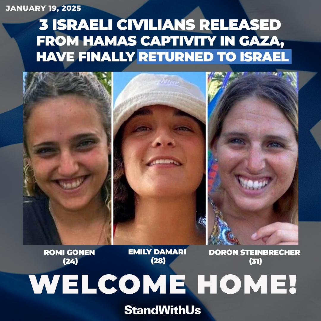 🚨BREAKING: Three Israeli women—Romi, Emily, and Doron—have been released from Hamas captivity and have arrived safely in Israel. They will reunite with their families shortly and undergo thorough medical examinations.
We stand with the families that have finally been reunited,