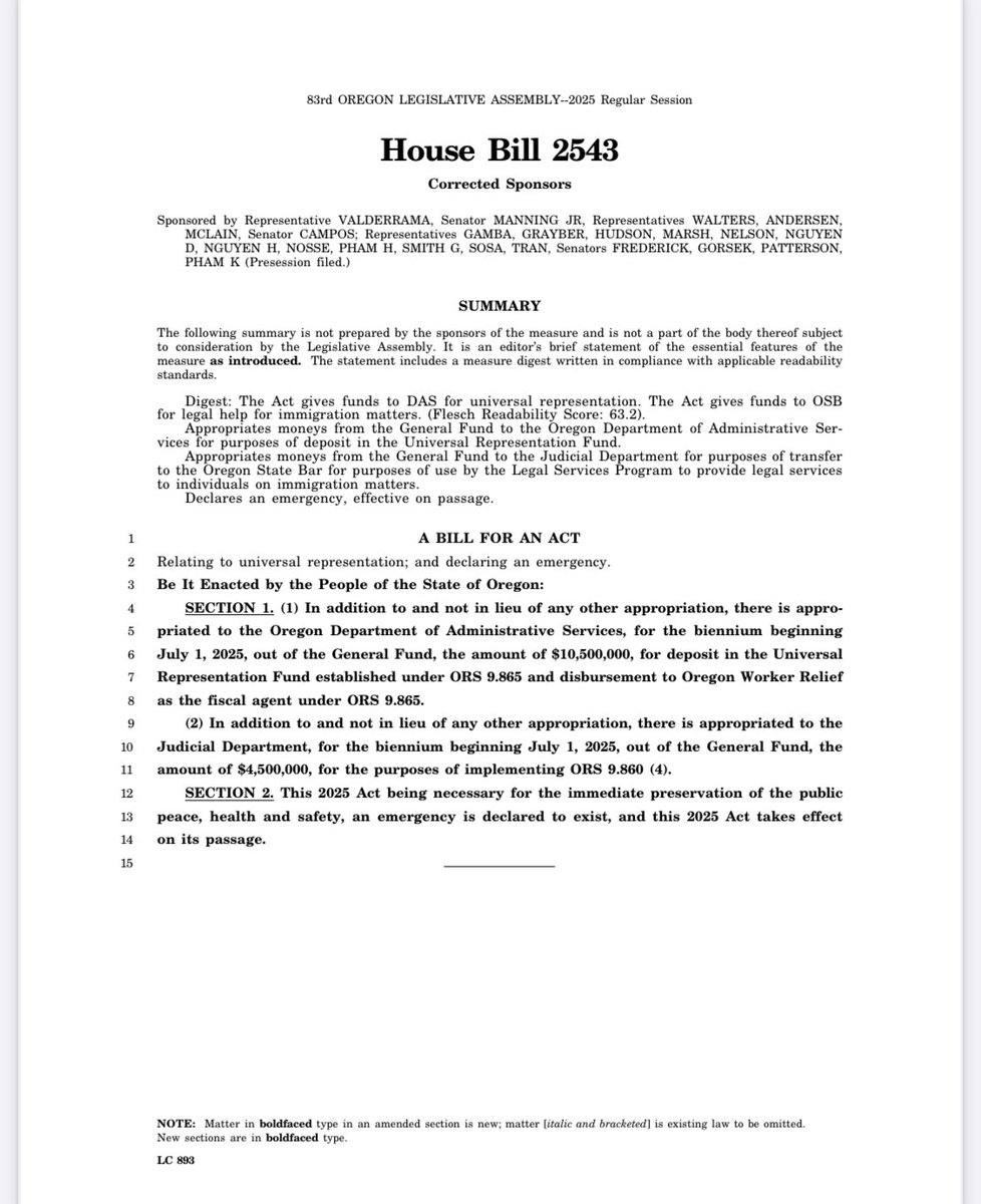 RepYunker's tweet image. Oregon Democrats have proposed HB 2543 which would take a total of  $15,000,000 of taxpayers funds to pay for legal services for illegal immigrants.