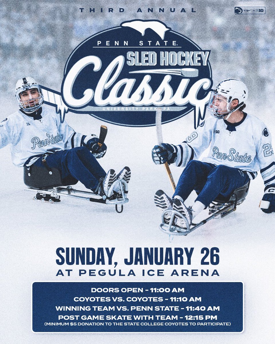 We are just 1️⃣ week away from the third annual Penn State Sled Hockey Classic!!

This one is bigger and better than ever and we hope to see you all there!!

Jersey Auction ➡️ gopsu.us/CapitalHockeyC…

General Donation ➡️ gofundme.com/f/state-colleg…

#WeAre #HockeyValley