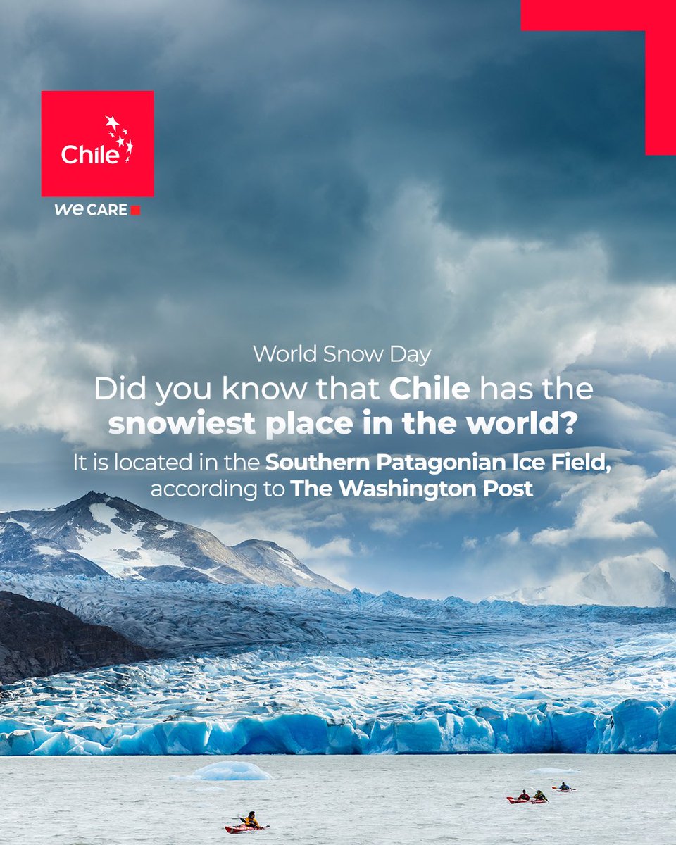 #WorldSnowDay

❄️🌍 Chile has the snowiest place in the world! In the Southern Patagonian Ice Field 🏔️, where over 50 meters of snowfall each year.

A natural wonder highlighted by The Washington Post as one of a kind on the planet. 🇨🇱

#WeCare #ChileSustentable
