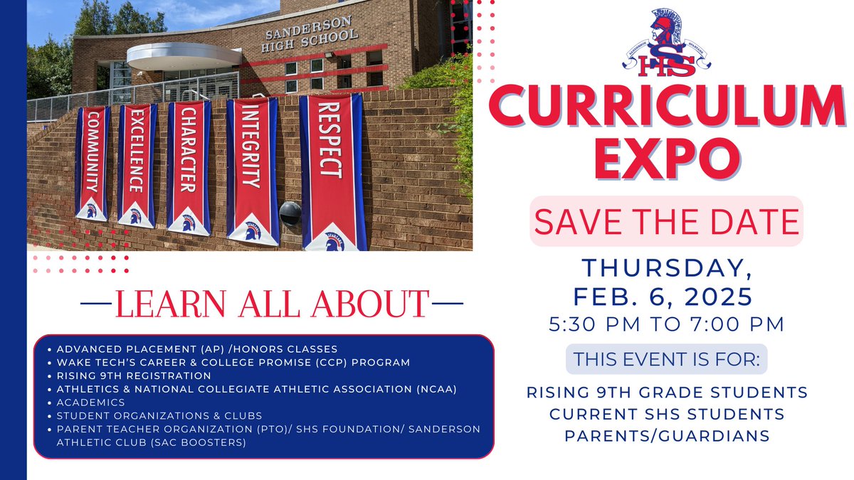 Rising 9th Don't Miss Sanderson High School's Curriculum Expo on Thursday, February 6, 2025  5:30 pm – 7 pm Get the full schedule at bit.ly/SHS_Expo25
<a href="/CMMSCougars/">Carroll LT Magnet</a>
@cmmspto
<a href="/CCMMSRedwolves/">Centennial Campus Center for Innovation Magnet MS</a>
<a href="/DDMMSDragons/">Dillard Drive Magnet Middle</a>
<a href="/DRMSdolphins/">Durant Road MS</a>
<a href="/8Drms/">8thGradeDRMS</a>
@drmsdolphins
@EMMMSCougars
<a href="/EndeavorCharter/">Endeavor Charter School</a>