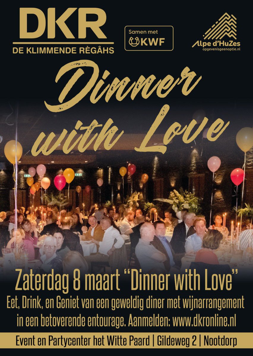 Ben jij klaar voor een onvergetelijke avond vol heerlijke gerechten en bijpassende wijnen? 
Dan is het “Dinner with Love” precies wat je zoekt – een avond voor <a href="/alpedhuzes/">Alpe d'HuZes</a> 
Dat wil je simpelweg niet missen! Omdat het zin heeft! Reserveer 👉🏻 dkronline.nl/evenementen/dk… #ad6 #kwf