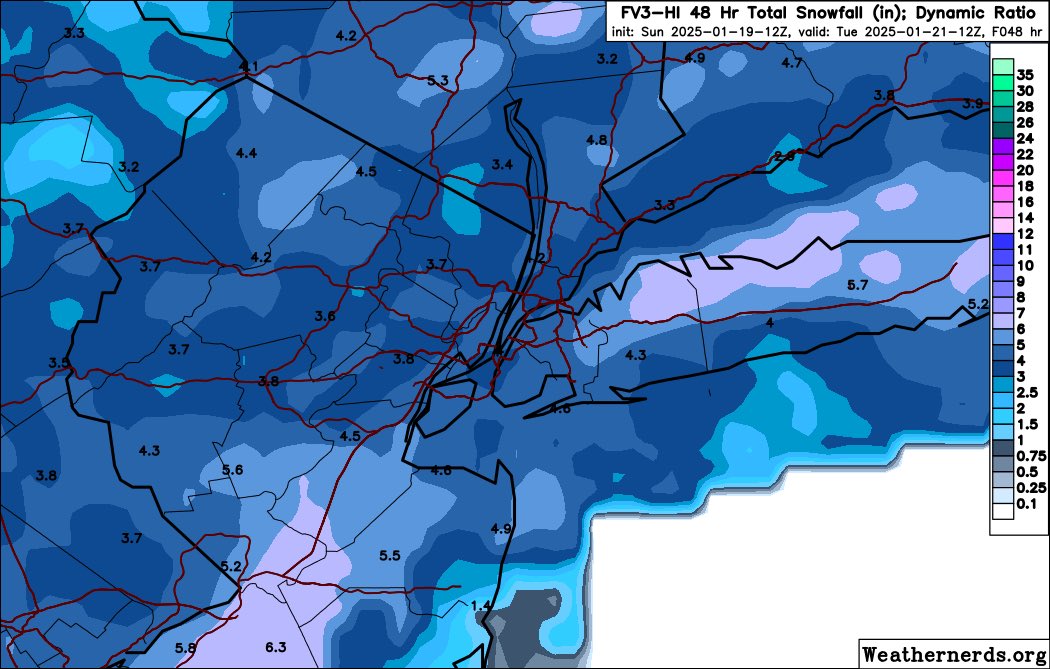 12Z models #FV3 #HRRR #GFS #WRF 48 hr #Snow forecasts all showing similar numbers for #NYC #NJ. Looking like 2-4 inches for NYC with #Brooklyn and #statenisland on the lower end and #Bronx at the higher end. Hudson valley and NW NJ could get over 6 inches. #NYCwx #NYwx
