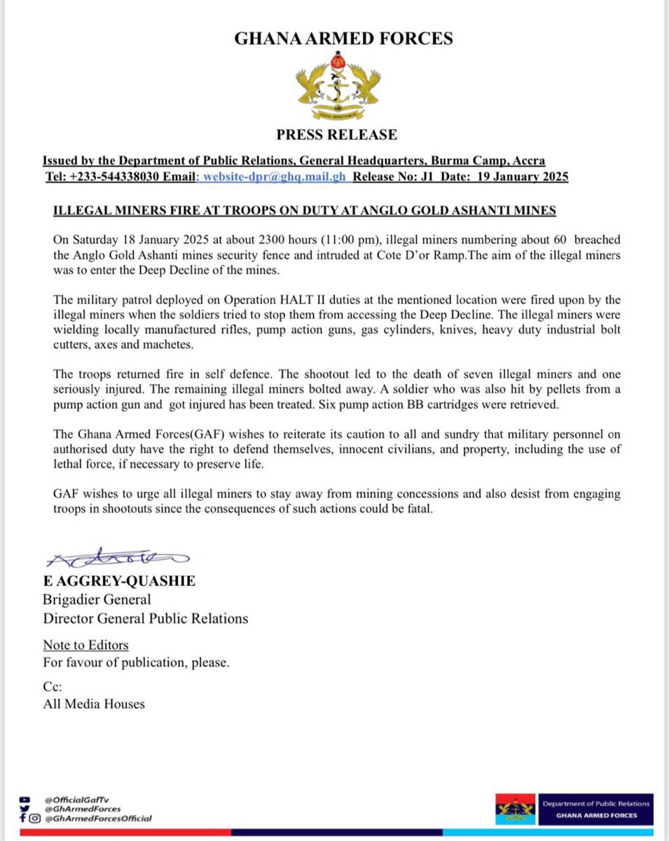 The Ghana Armed Forces has released a statement on last night’s deadly shooting incident that occurred at Anglo Gold Ashanti’s Cot D’or Ramp in Obuasi. 

The military clarifies that at 11:00 PM, the group of about 60 gun wielding illegal miners attempted to access the deep