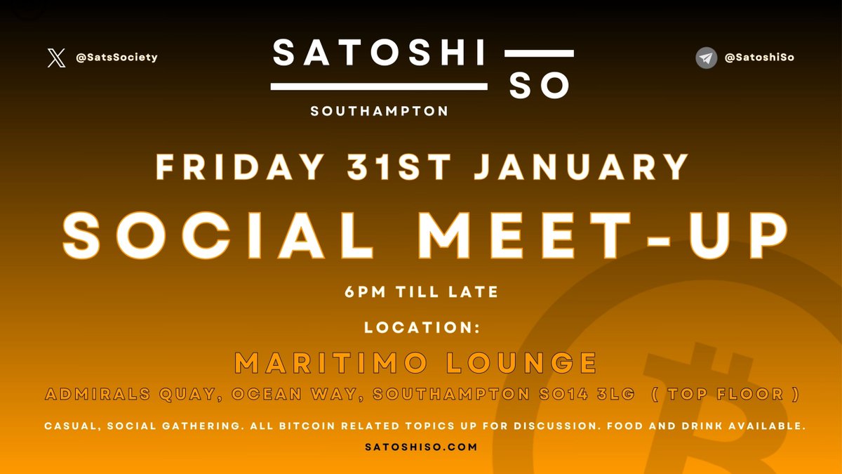 Satoshi Society (@satssociety) on Twitter photo ⚡️ Come join us for our next #Bitcoin meet-up in Southampton
📅 Friday 31st January
⌚️ From 6pm
📍 Maritimo Lounge, Ocean Village, Southampton SO14 3LG
Proof of work secures the chain. Proof of community drives the change.🔥
<a href="/BitcoinEventsUK/">Bitcoin Events UK</a>
<a href="/BtcBeachBmouth/">Bitcoin Beach Bournemouth</a>
<a href="/Bitcoinshire/">Berkshire Bitcoiners</a> ⚡️ Come join us for our next #Bitcoin meet-up in Southampton
📅 Friday 31st January
⌚️ From 6pm
📍 Maritimo Lounge, Ocean Village, Southampton SO14 3LG
Proof of work secures the chain. Proof of community drives the change.🔥
<a href="/BitcoinEventsUK/">Bitcoin Events UK</a>
<a href="/BtcBeachBmouth/">Bitcoin Beach Bournemouth</a>
<a href="/Bitcoinshire/">Berkshire Bitcoiners</a>