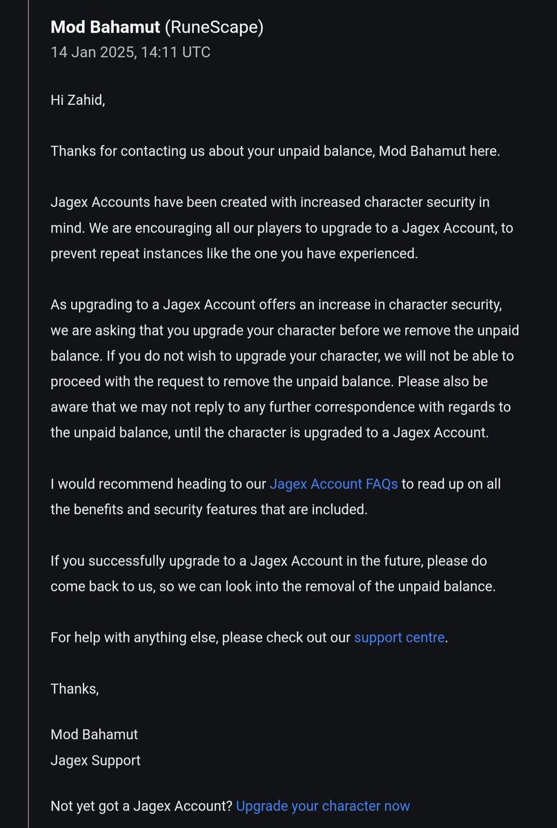BayFuuu's tweet photo. @Jagex @JagexArcane @JagexSupport Forcing me to link my account to a Jagex account (which I did same day as receiving this email due to the threat) is shocking ... 5 days later and still no response and account to still FROZEN! Been frozen for a month now! Shame on you Bahamut! https://t.co/ivVmUGkxyF