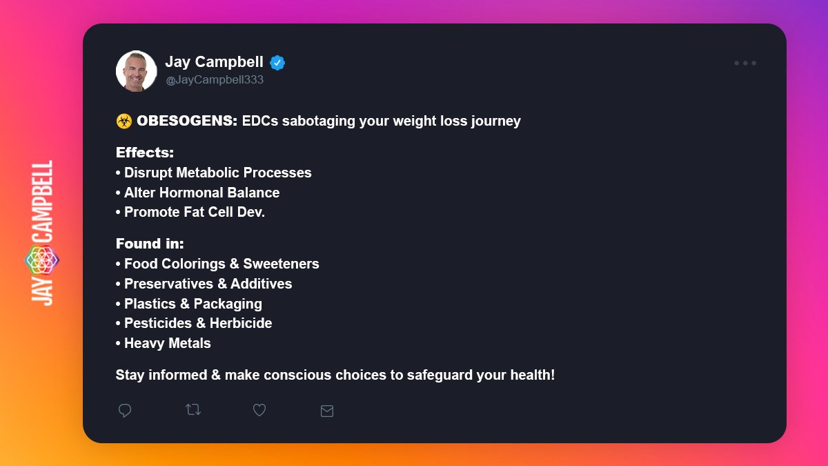 JayCampbell333's tweet photo. Meal prepping & gym work, but no results?
#Obesogens (chemicals in your environment) could be sabotaging your #FatLoss. They accumulate in fat cells & disrupt your metabolism.
Here’s how they may be impacting you & how to fight back: https://t.co/ch9yUTK50f https://t.co/bnTrTpXct4