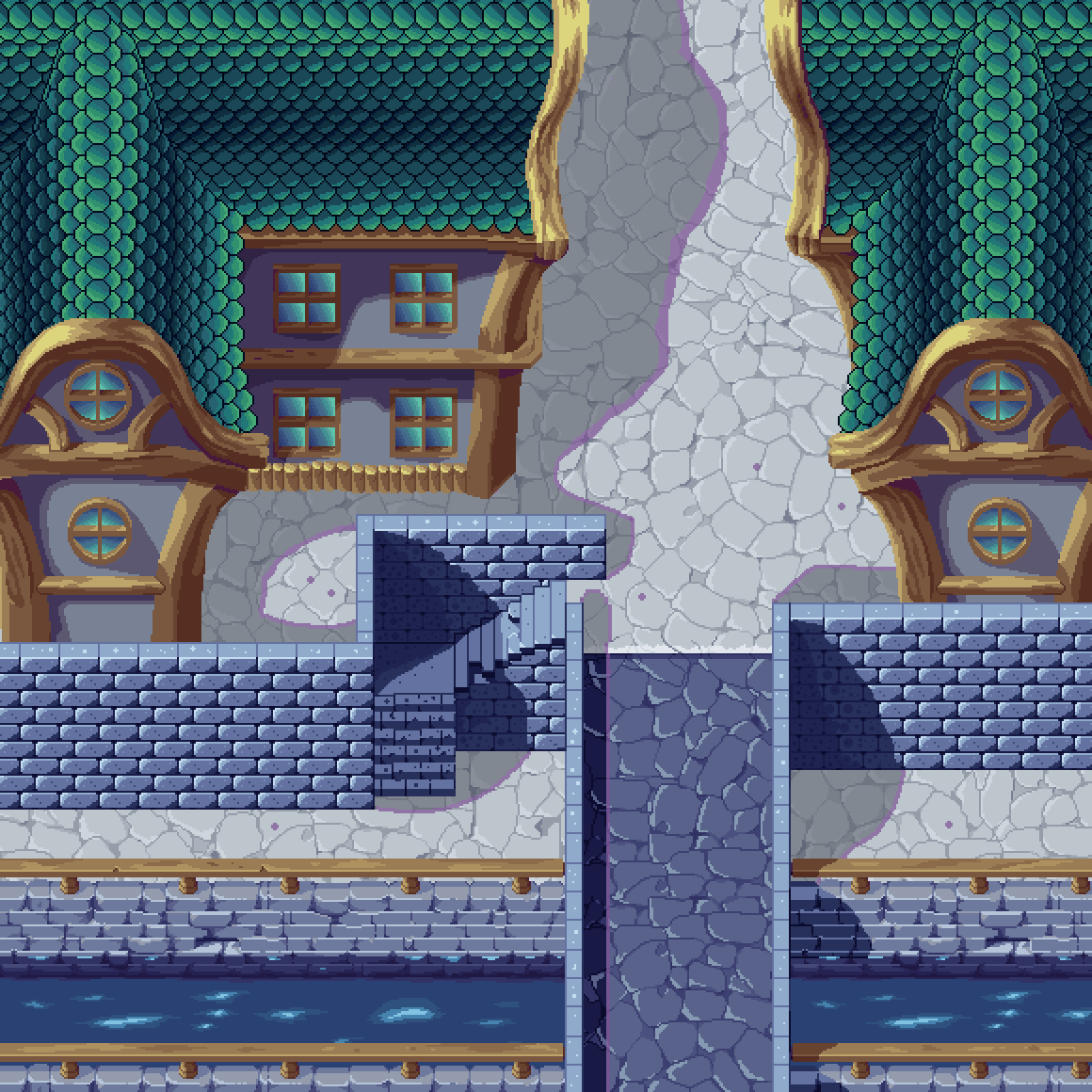 Vicious13337's tweet image. Pixel art town entrance, experimented with translucent water